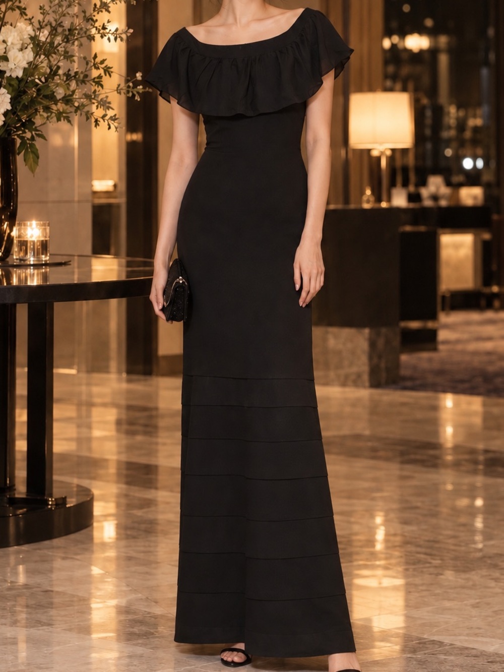 bebe Black Strapless Ruffle Maxi Dress